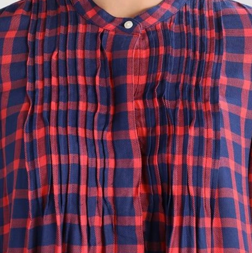 Gap Red & Blue Plaid Pintuck Popover Half Button Up Oversized Top Size XS - Picture 2 of 11